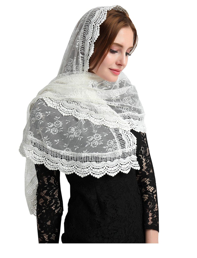 Leimandy Soft Scarf Mantilla Veil Catholic Chapel Latin Mass Church Veil Lace Head Covering for Women Religious Ceremony Daily Wear V31 (Ivory) - Image 1